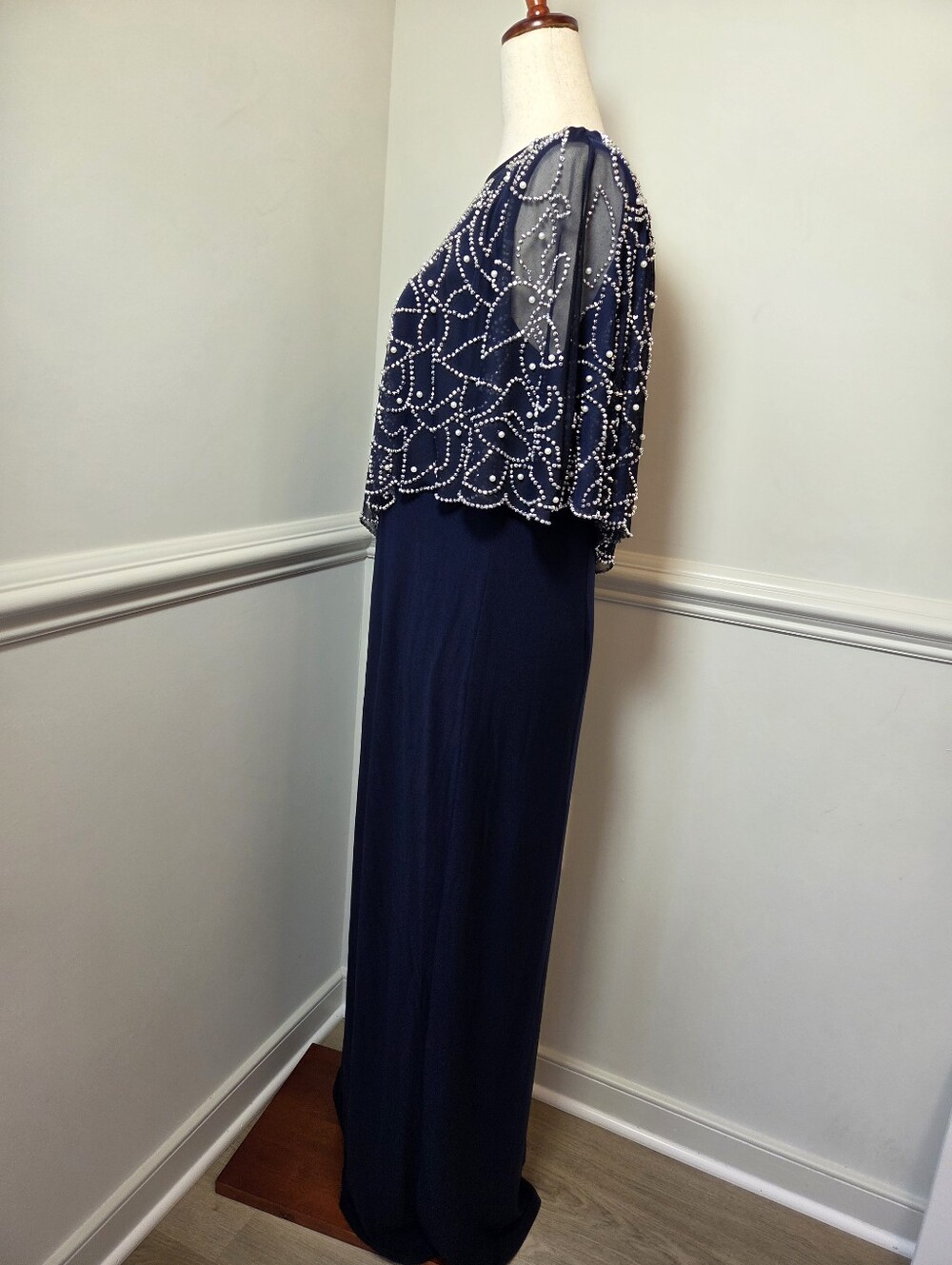MSK Navy Embellished Cape Formal Gown Rhinestone Pearl Maxi Dress M - Picture 5 of 13